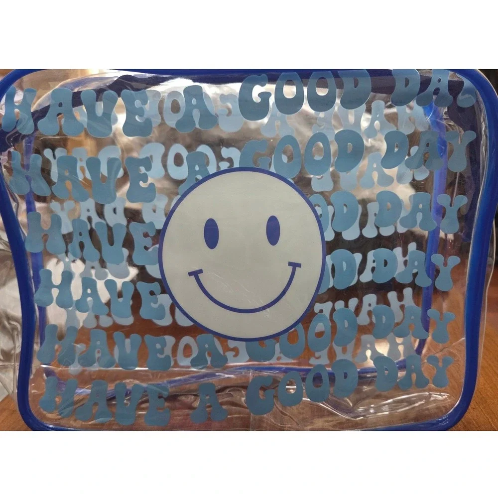 Kids Clear PVC Travel Pouch Set 4pc Smiley Face Cheetah Blue Pink Organizer Bags